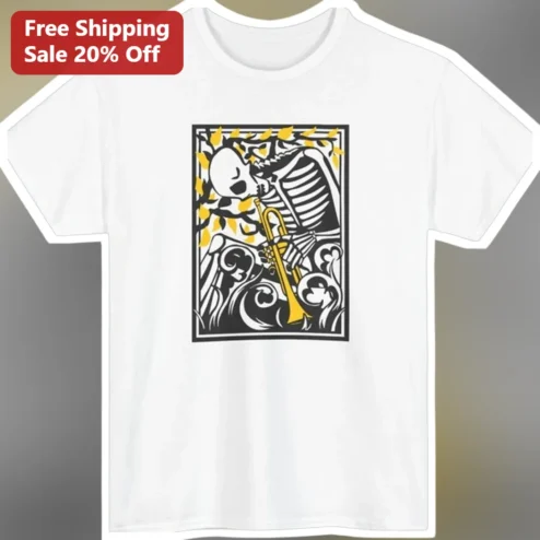 Skeleton Jazz Trumpet Woodcut Art Tee Vintage Gothic Music Shirt for Jazz Fans