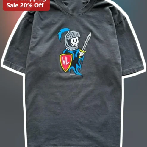Skeleton Knight Cartoon Tee Chibi Medieval Fantasy Armor Sword Design Unisex Gift for Gamers Anime Fans