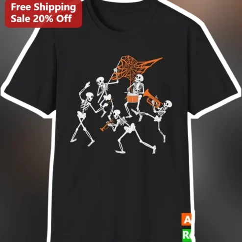 Skeleton Marching Band Halloween Tee Spooky Graphic Shirt for Trunk-or-Treat Parade
