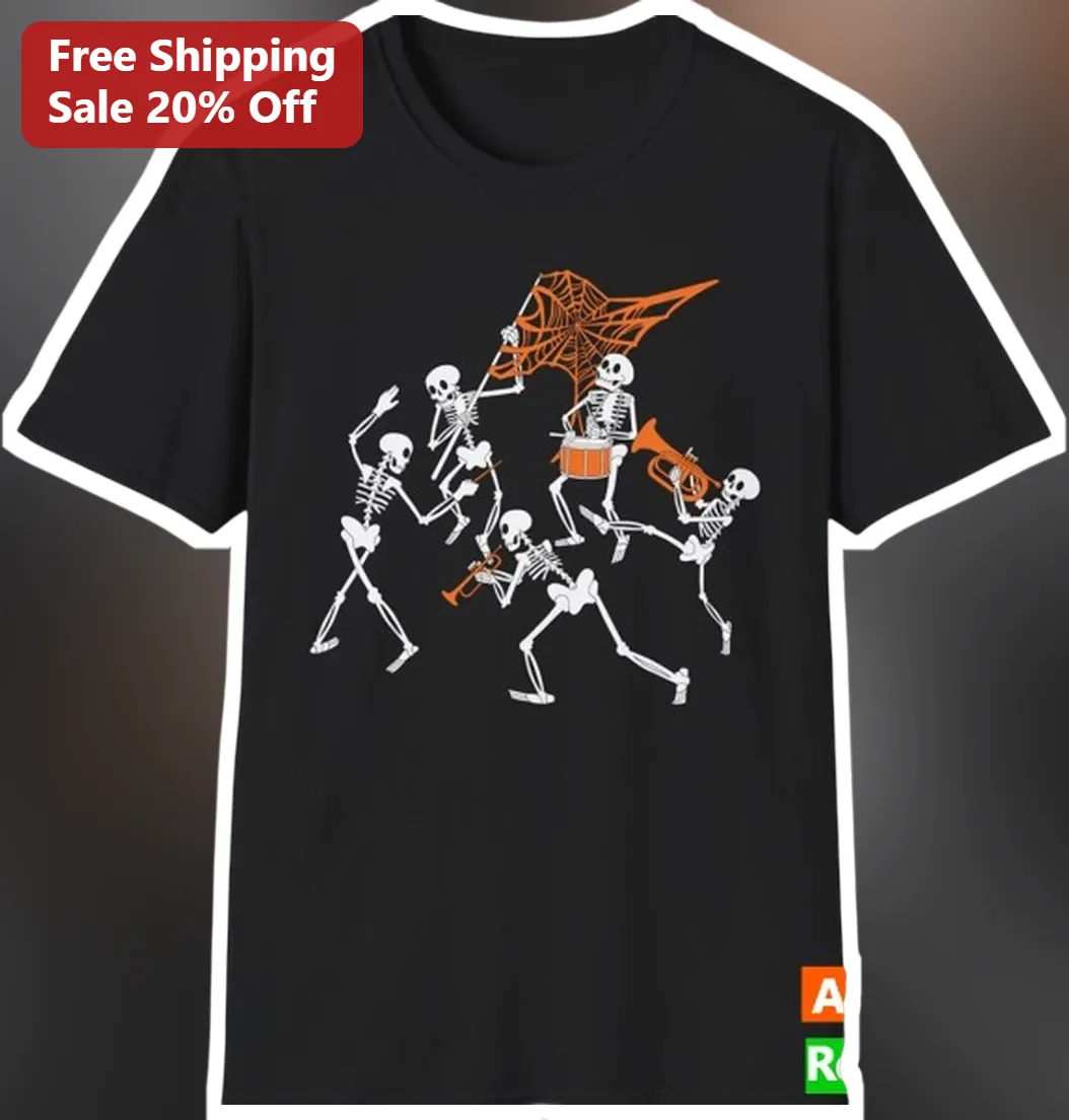 Skeleton Marching Band Halloween Tee Spooky Graphic Shirt for Trunk-or-Treat Parade