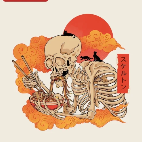 Skeleton Ramen and Cats Poster Japanese Streetwear Spooky Cute Wall Art