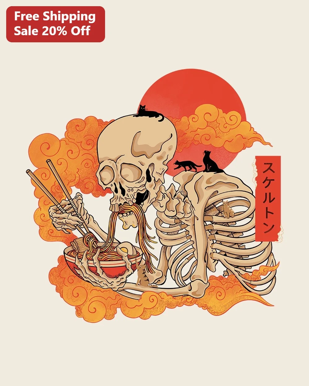Skeleton Ramen and Cats Poster Japanese Streetwear Spooky Cute Wall Art