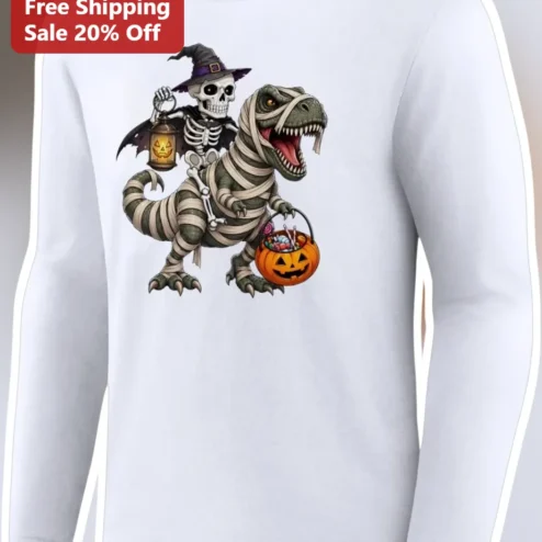 Skeleton Riding Mummy Dinosaur T Rex Halloween Long Sleeve Tee Funny Spooky Season Gift