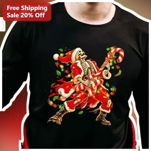 Skeleton Santa Rocking Candy Cane Guitar Tee Funny Christmas Graphic Shirt for Men Women Holiday Gift