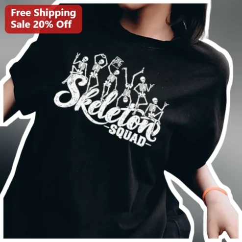 Skeleton Squad Tee Halloween Friends Group Shirt Spooky Vintage Distressed Graphic Unisex
