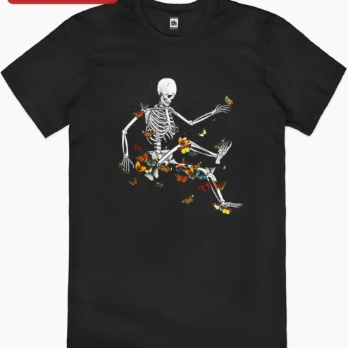 Skeleton with Butterflies Graphic Tee Gothic Day of the Dead Shirt for Men Women Unisex Cotton