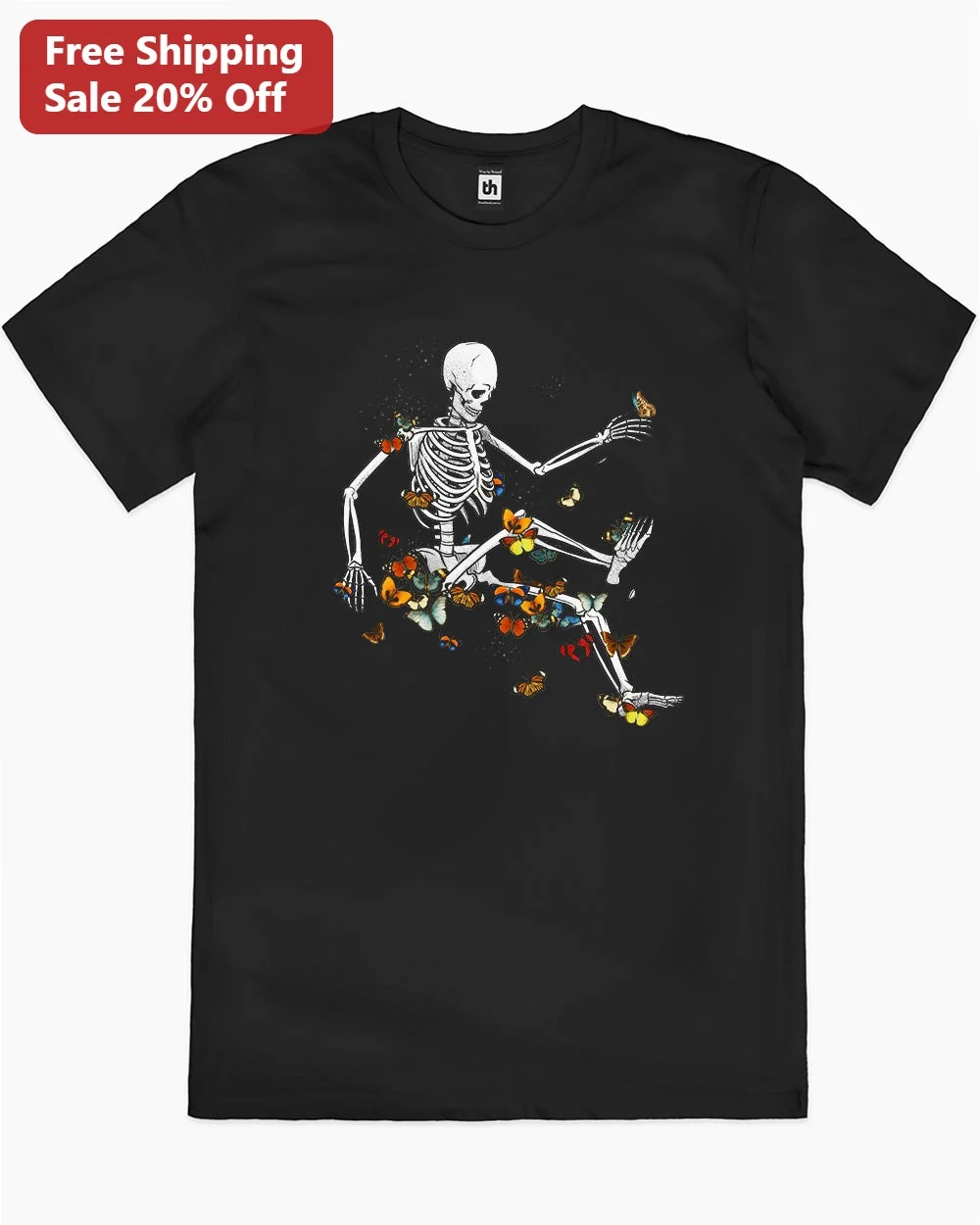 Skeleton with Butterflies Graphic Tee Gothic Day of the Dead Shirt for Men Women Unisex Cotton