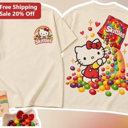 Skittles Hello Kitty Tee Kawaii Candy Graphic T-Shirt Gift for Women Men