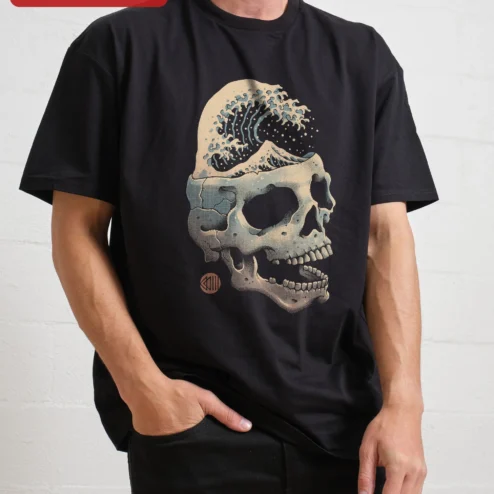 Skull Wave Graphic Tee Surreal Ocean Art Black Cotton Shirt for Men