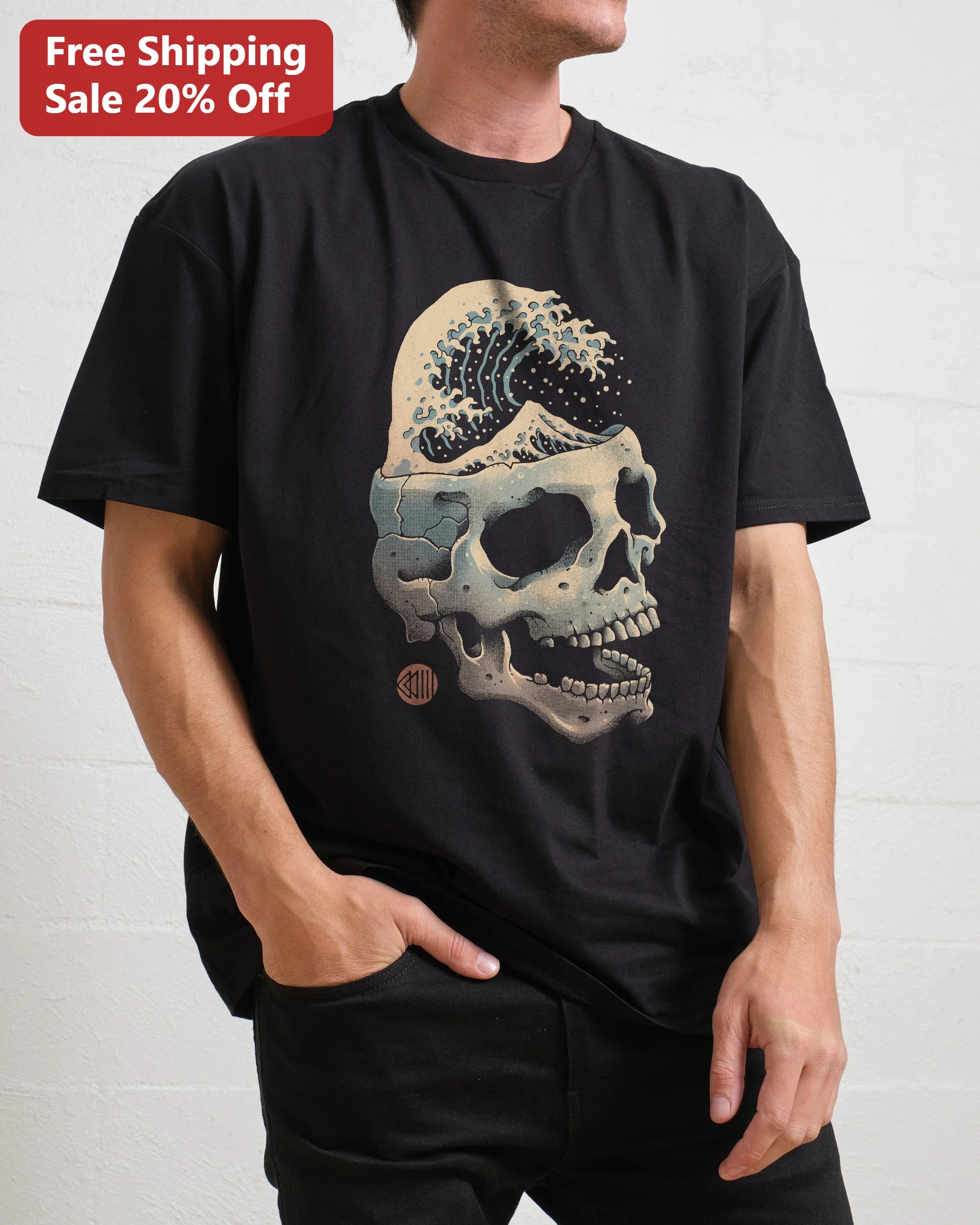 Skull Wave Graphic Tee Surreal Ocean Art Black Cotton Shirt for Men