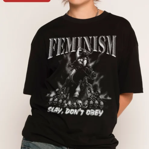Slay Don't Obey Feminism Graphic Tee for Women on a hanger, ready to ship from Chicago, Illinois