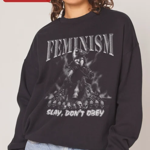 Slay Don't Obey Feminism Sweatshirt Punk Biker Skull Graphic Crewneck for Women