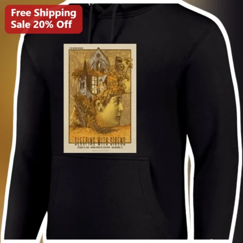 Sleeping With Sirens Vintage Concert Poster Hoodie Black Pullover Band Merch Gift for Fans available at our Chicago, Illinois warehouse