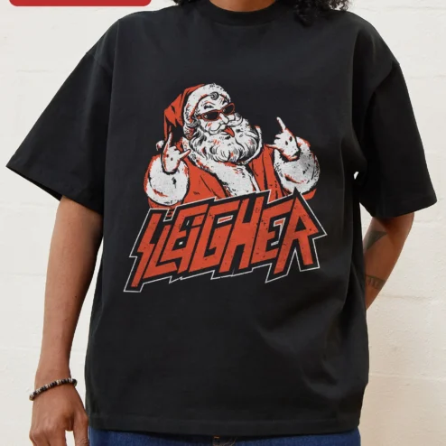 Sleigh All Day Santa Claus Rock Metal Christmas Graphic Tee
