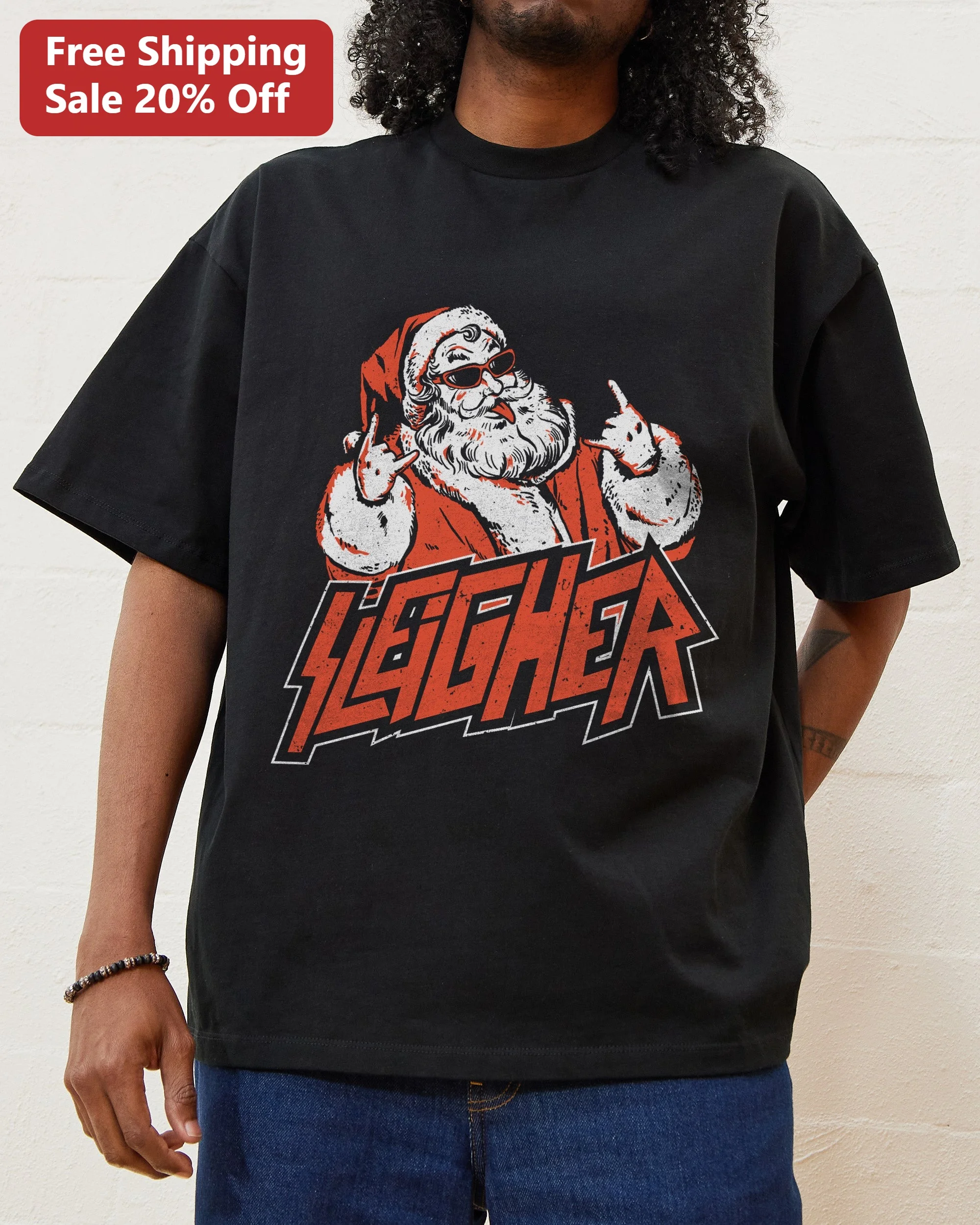 Sleigh All Day Santa Claus Rock Metal Christmas Graphic Tee