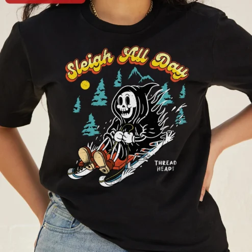 Sleigh All Day Tee Grim Reaper Retro Spooky Christmas Shirt Funny Holiday Gift