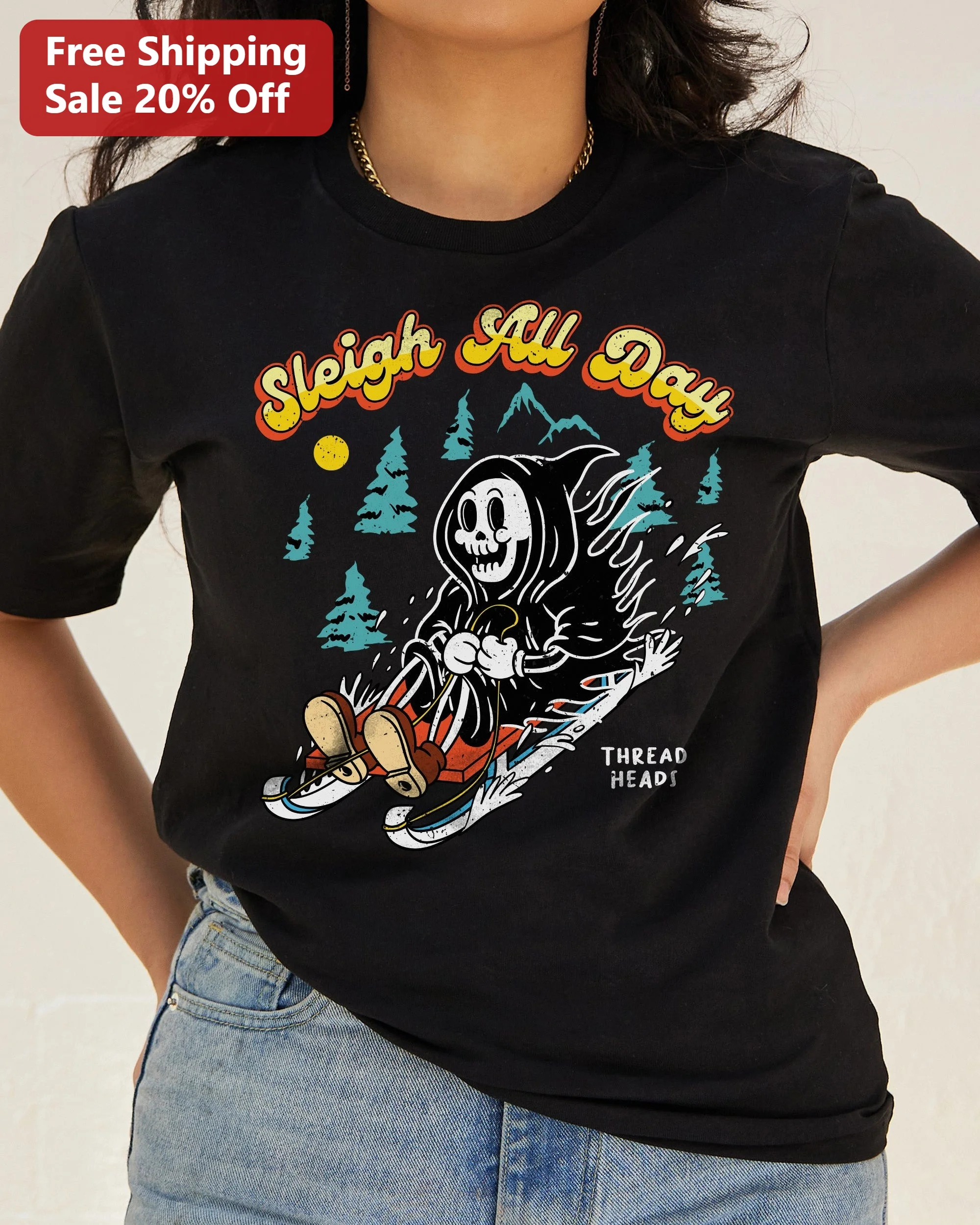 Sleigh All Day Tee Grim Reaper Retro Spooky Christmas Shirt Funny Holiday Gift