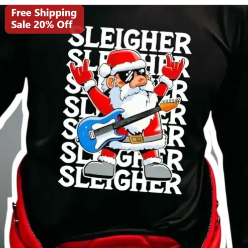 SLEIGH-HER Rock Santa Claus Graphic Tee Funny Christmas Shirt Gift for Women Men