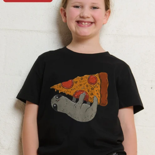 Sloth Eating Pizza Graphic Tee for Kids, Funny Cartoon Sloth Hanging on Pepperoni Slice Shirt on a hanger, ready to ship from Chicago, Illinois