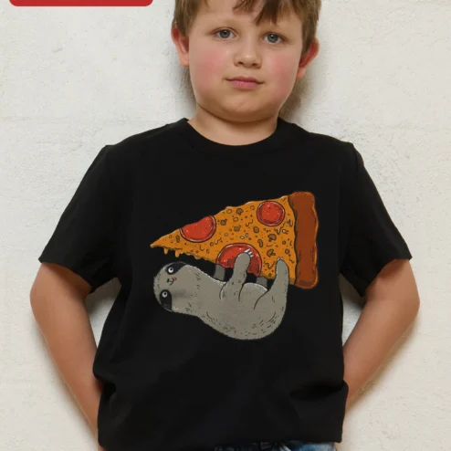 Sloth Eating Pizza Graphic Tee for Kids, Funny Cartoon Sloth Hanging on Pepperoni Slice Shirt