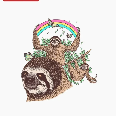 Sloth Rainbow Butterfly Illustration Tee Cute Whimsical Animal Graphic Shirt for Nature Lovers on a hanger, ready to ship from Chicago, Illinois