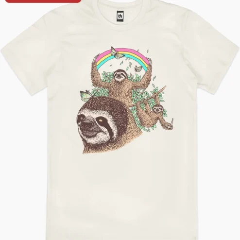 Customer in Chicago, Illinois wearing Sloth Rainbow Butterfly Illustration Tee Cute Whimsical Animal Graphic Shirt for Nature Lovers