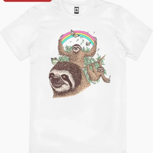 Close-up of Sloth Rainbow Butterfly Illustration Tee Cute Whimsical Animal Graphic Shirt for Nature Lovers for streetwear fans in Chicago, Illinois
