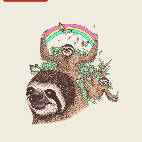 Sloth Rainbow Butterfly Illustration Tee Cute Whimsical Animal Graphic Shirt for Nature Lovers