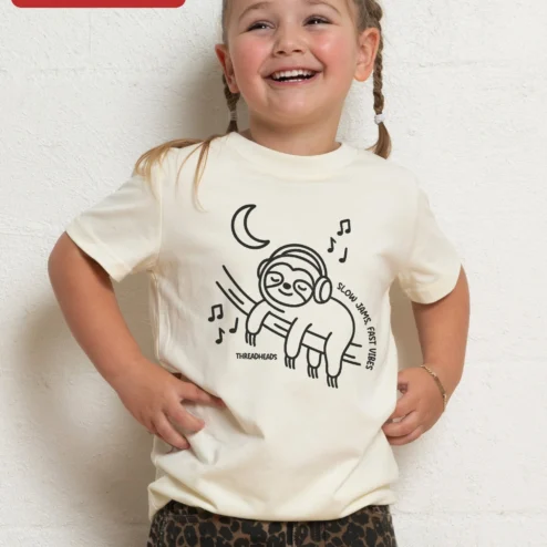 Slow Jams Fast Vibes Sloth Music Tee Cute Animal Graphic Shirt for Kids and Music Lovers on a hanger, ready to ship from Chicago, Illinois