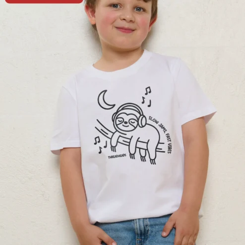 Close-up of Slow Jams Fast Vibes Sloth Music Tee Cute Animal Graphic Shirt for Kids and Music Lovers for streetwear fans in Chicago, Illinois