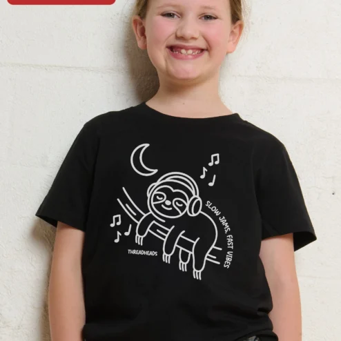 Slow Jams Fast Vibes Sloth Music Tee Cute Animal Graphic Shirt for Kids and Music Lovers