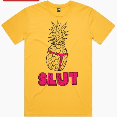 Customer in Chicago, Illinois wearing SLUT Pineapple Graphic Tee Feminist Reclaiming Statement Shirt for Bachelorette Party