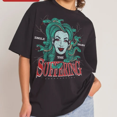 Smile Enjoy The Suffering Medusa Graphic Tee Dark Humor Mythology Shirt