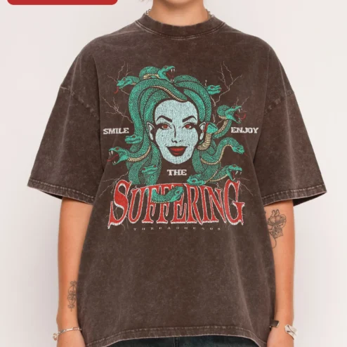 SMILE THE SUFFERING ENJOY Medusa Graphic Tee Dark Humor Acid Wash Shirt