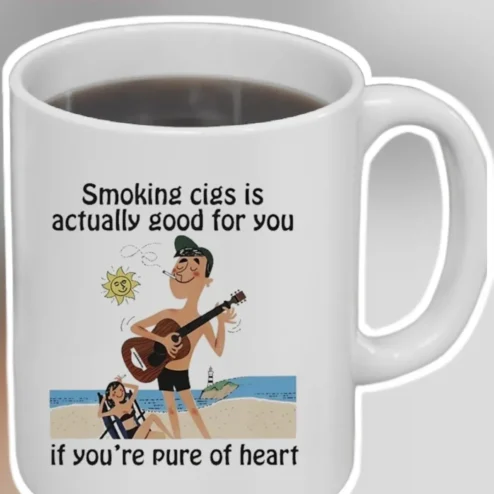 Smoking Cigs Is Actually Good For You If You're Pure Of Heart Mug Funny Ironic Smoker Gift Retro Cartoon Coffee Cup