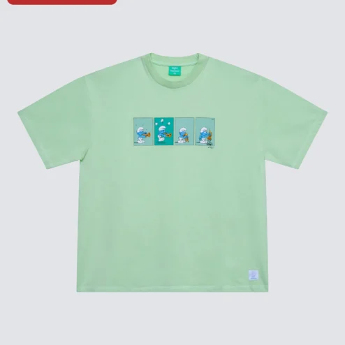Close-up of Smurf Tee Trumpet Comic Strip Vintage Cartoon Graphic T-Shirt for Adults for streetwear fans in Chicago, Illinois