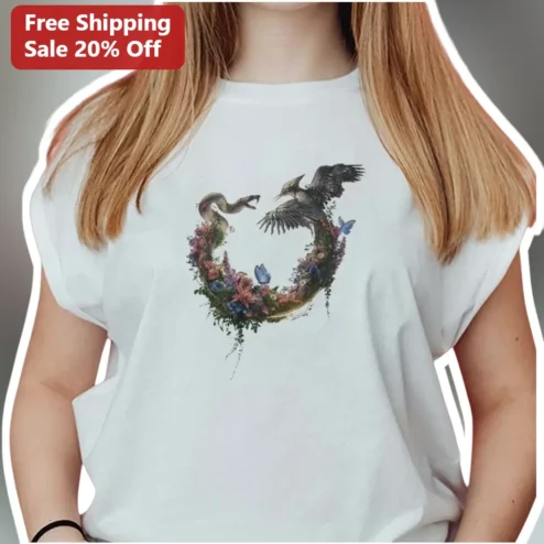 Snake and Bird Heart Floral Wreath Tee Whimsical Nature Art Shirt for Women Men