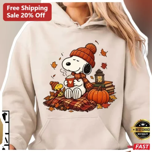 Snoopy Hoodie Fall Aesthetic Peanuts Graphic Pullover with Woodstock Pumpkin Spice Hot Cocoa Autumn Gift
