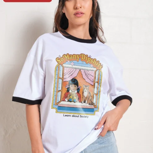 So Many Dipshits Learn About Society Retro Cat Graphic Tee on a hanger, ready to ship from Chicago, Illinois