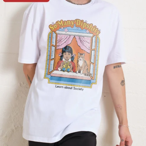 Close-up of So Many Dipshits Learn About Society Retro Cat Graphic Tee for streetwear fans in Chicago, Illinois