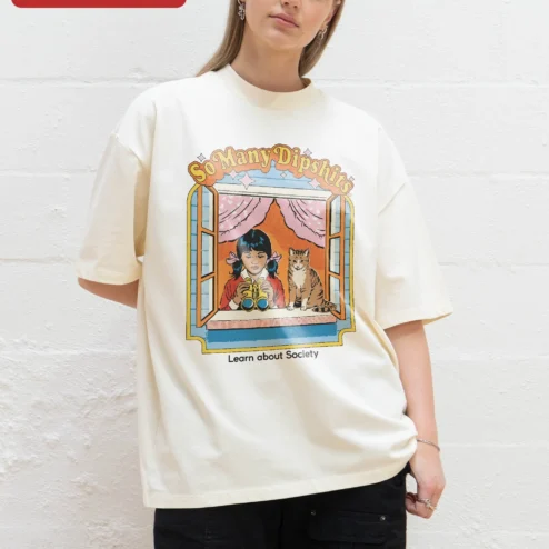 So Many Dipshits Learn About Society Steven Rhodes Retro Graphic Tee on a hanger, ready to ship from Chicago, Illinois