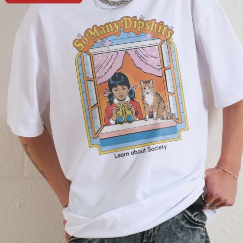 Close-up of So Many Dipshits Learn About Society Steven Rhodes Retro Graphic Tee for streetwear fans in Chicago, Illinois