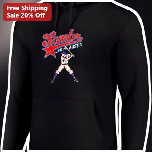 Sombr Live in Austin Hoodie Retro Baseball Graphic Pullover Black