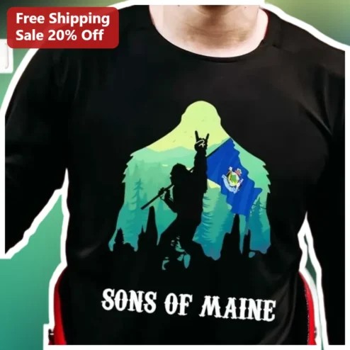 Sons of Maine Tee Hiker Silhouette Maine State Flag Graphic Shirt Gift for Men Women