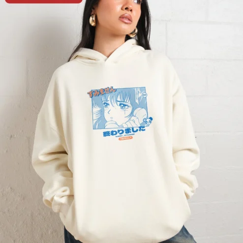 Sorry It's Over Japanese Manga Aesthetic Hoodie Retro Anime Sad Girl Vaporwave Y2K Streetwear on a hanger, ready to ship from Chicago, Illinois