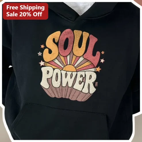 Soul Power Hoodie Retro 1970s Vintage Typography Graphic Pullover Unisex