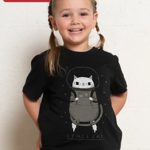 Space Cat Astronaut Tee Retro Soviet Space Suit Graphic T-Shirt for Kids and Cat Lovers on a hanger, ready to ship from Chicago, Illinois