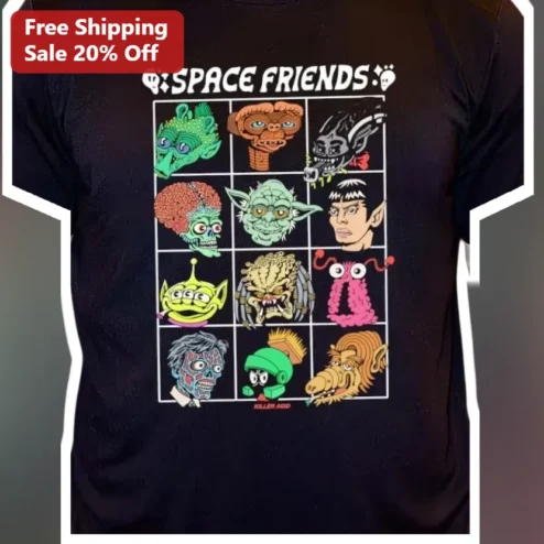 Space Friends Tee Retro Sci-Fi Cartoon Alien Grid Graphic T-Shirt for Kids Men Women
