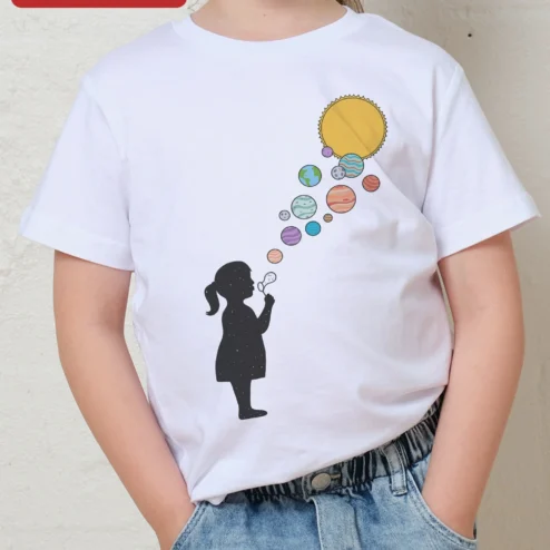 Space Girl Silhouette Blowing Planets Tee Kids Astronomy Graphic Shirt