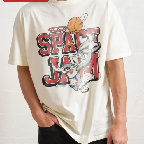 Space Jam Bugs Bunny Basketball Tee Retro 90s Cartoon Graphic Shirt on a hanger, ready to ship from Chicago, Illinois